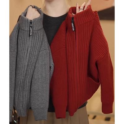 女童拉链领加厚毛衣2025新款秋冬儿童保暖开衫 红色针织上衣内搭