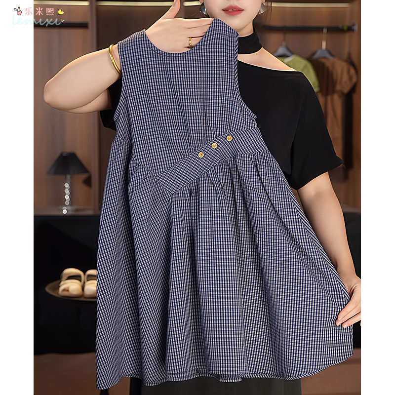 女童拼接无袖连衣裙2025夏款大童格子不规则背心裙海边沙滩裙棉布