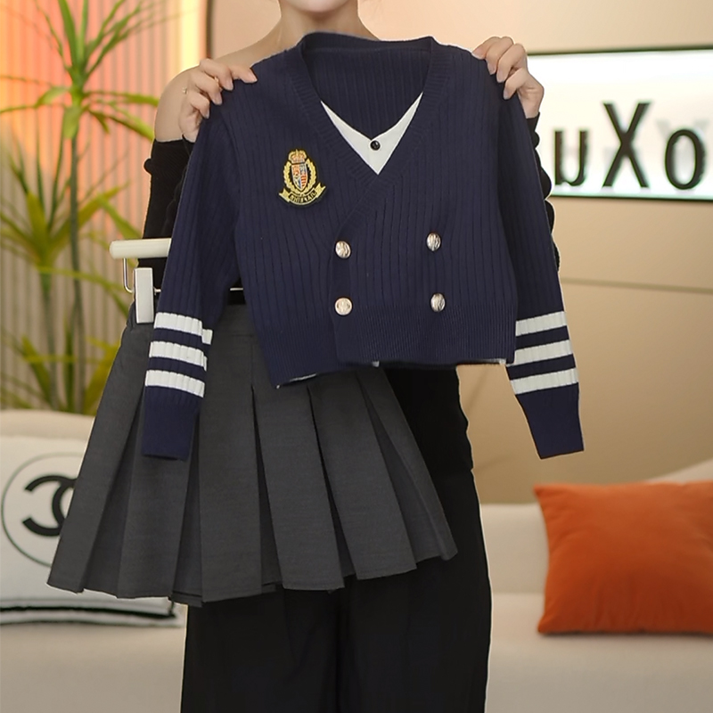 女童毛衣针织衫百褶裙套装2025春秋款中大童假两件开衫jk学院风潮