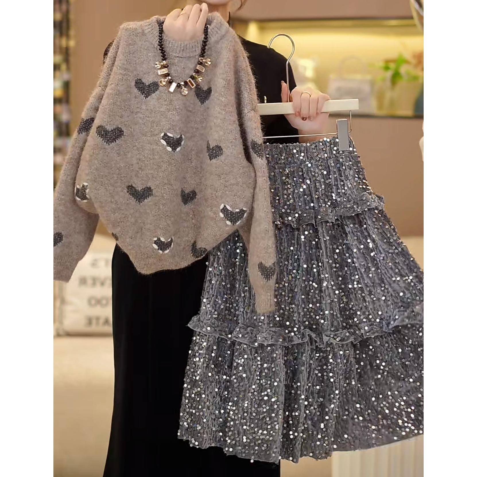 女童爱心毛衣亮片半身裙套装秋冬款2025新款针织衫加绒蛋糕裙圣诞