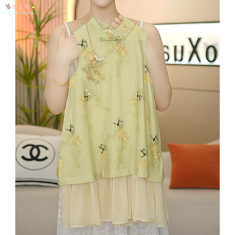 女童新中式无袖旗袍裙2025夏季假两件背心裙国风盘扣连衣裙薄款潮