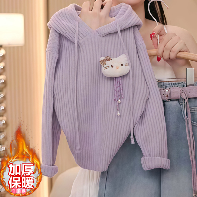 女童连帽加厚外套2025新款秋冬针织衫内搭保暖打底衫冬装百搭上衣