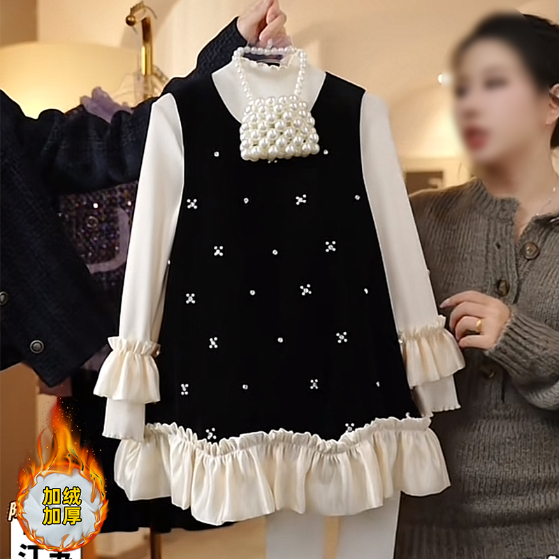女童小香风连衣裙2025秋冬款小女孩加绒打底衫珍珠背心花边公主裙