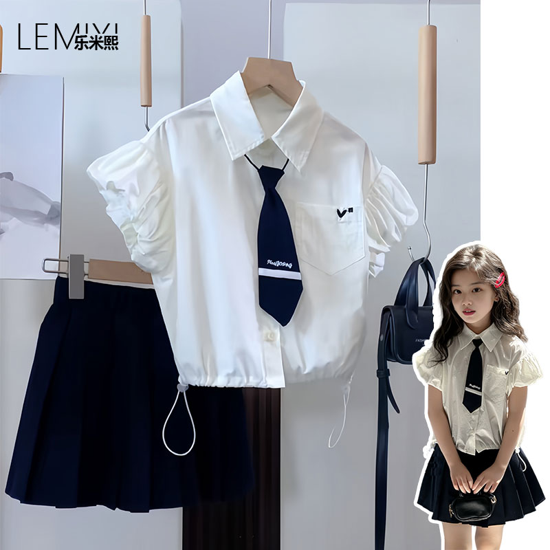 女童泡泡飞袖半身裙套装2025夏款儿童学院风T恤衬衫jk短袖百褶裙8