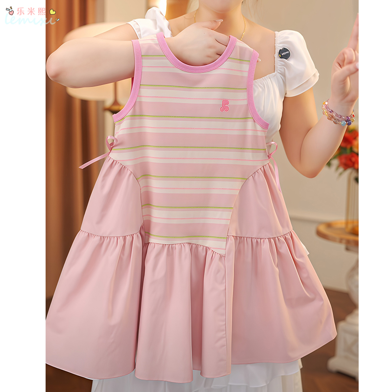 女童条纹背心裙2025夏季无袖连衣裙拼接海边沙滩裙蝴蝶结公主裙潮