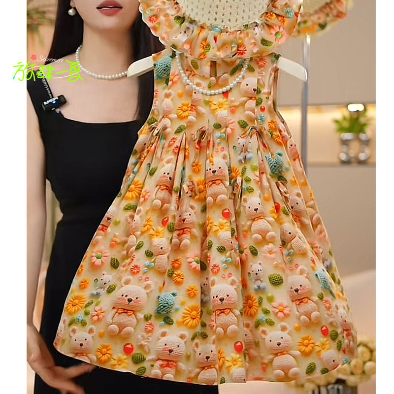 女童碎花背心连衣裙2025夏季卡通印花雪纺女孩甜美海边公主沙滩裙