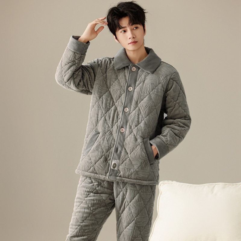 绮瑞男士冬季珊瑚绒夹棉睡衣加绒三层加厚秋冬男款休闲棉袄家居服