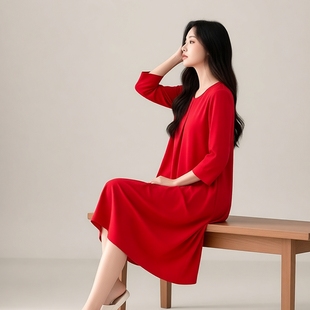 绮瑞睡裙女春夏半袖中长裙丝光纯棉红色睡衣女款夏V领甜美中长裙