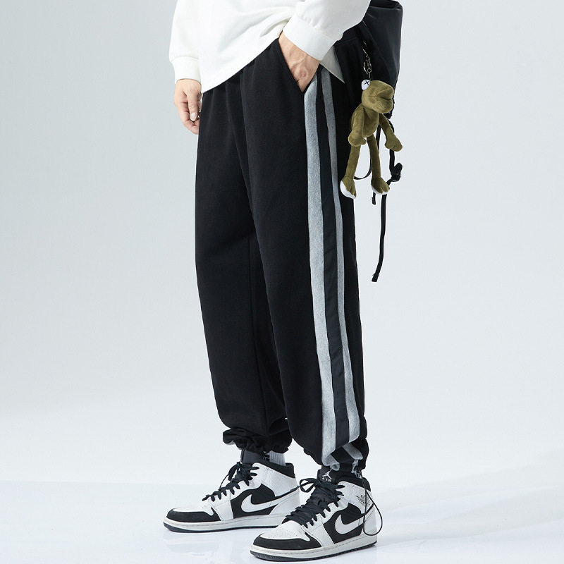 PANMAX 大码男装运动长裤国潮胖子阔腿束脚宽松休闲加绒条纹卫裤