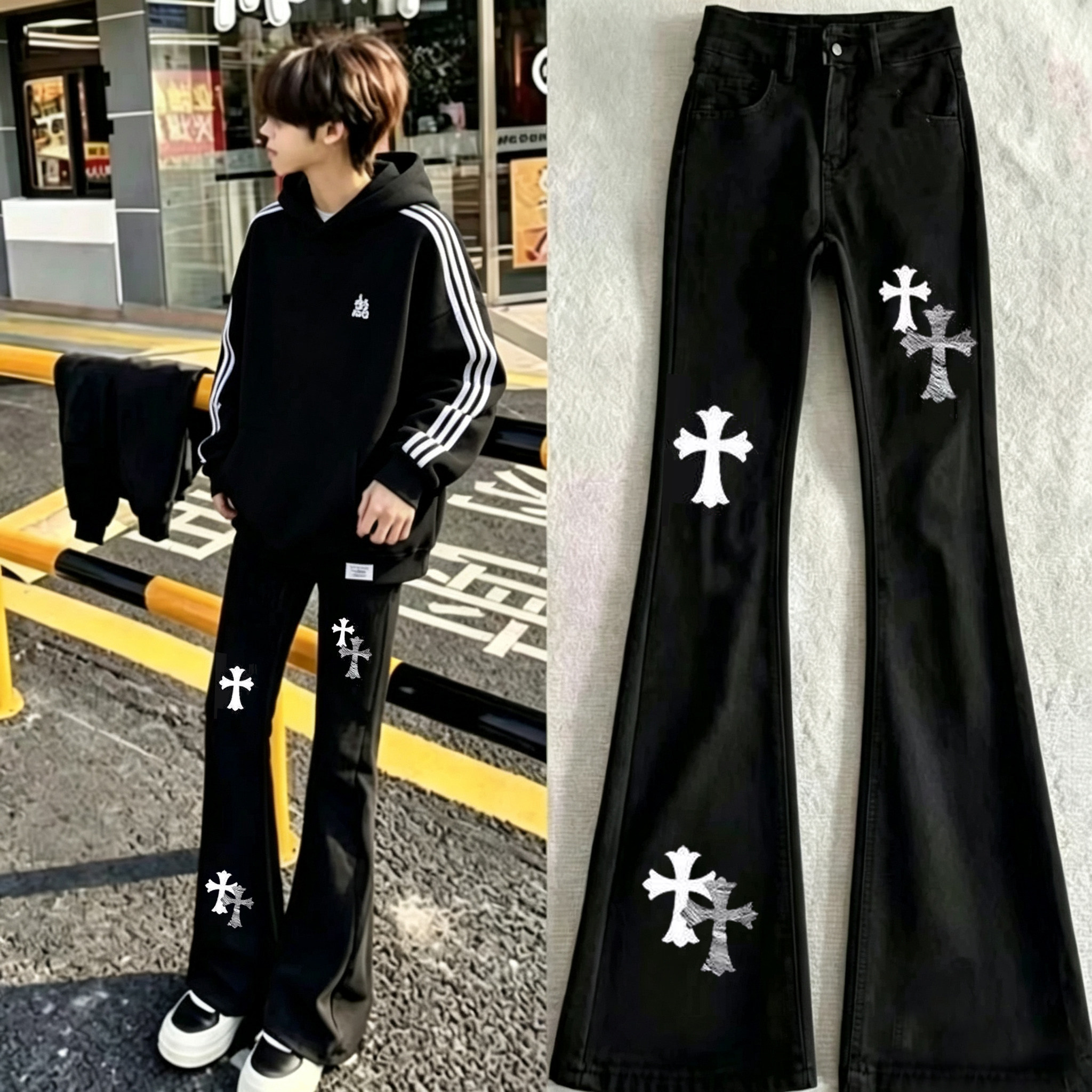 美式轻奢十字架印花牛仔裤微喇裤男女高街秋季新款韩版潮流长裤子