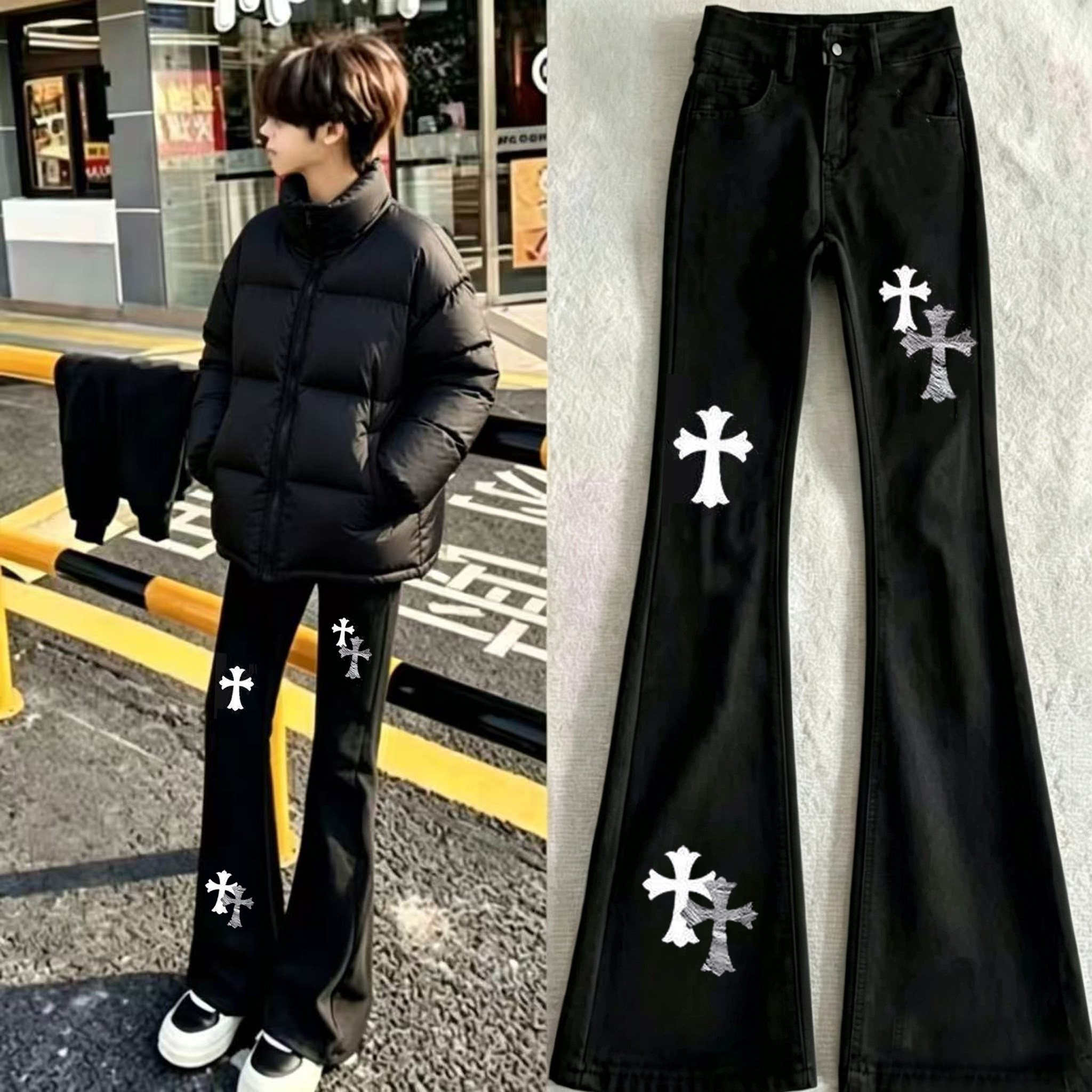 美式新款潮牌男女十字架潮流印花炸街高街牛仔裤长裤学生款显高瘦