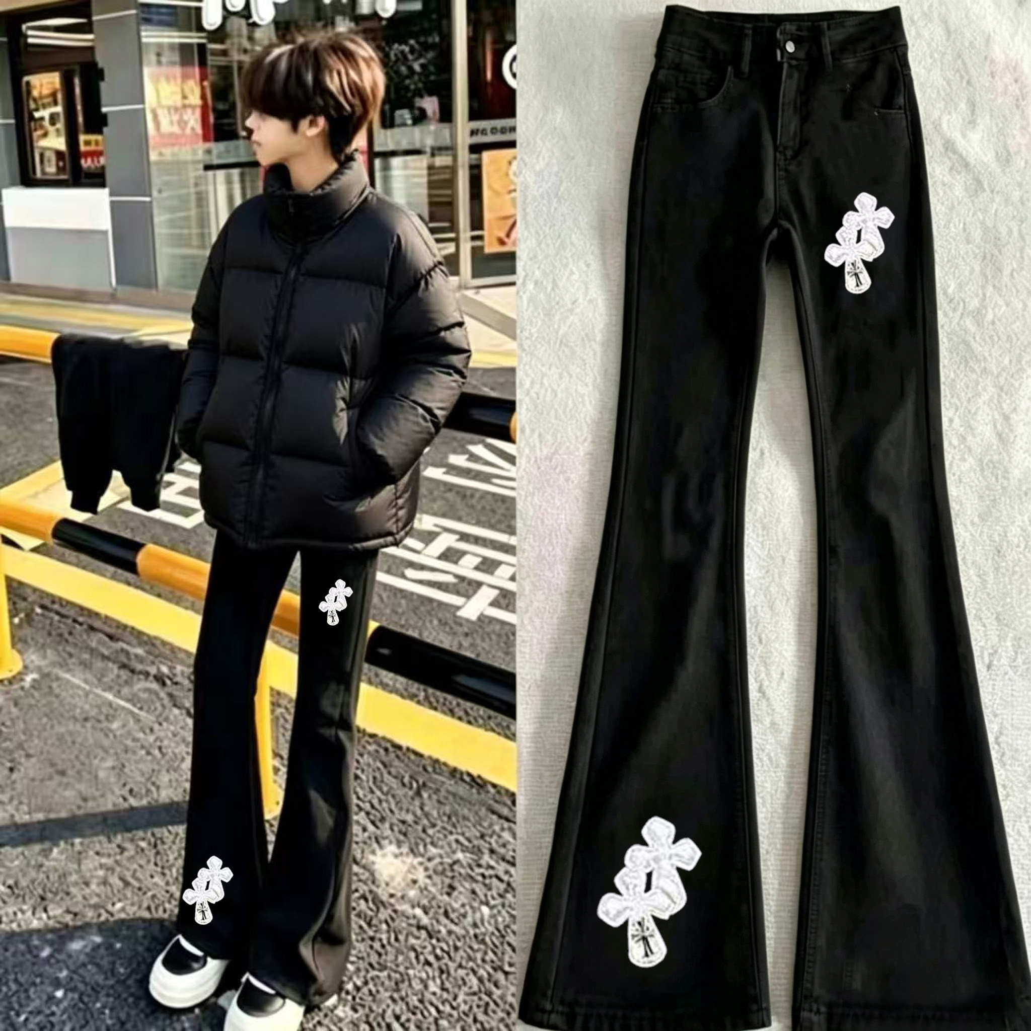 十字架hiphop炸街美式印花牛仔裤男春秋季轻奢潮牌新款微喇裤子