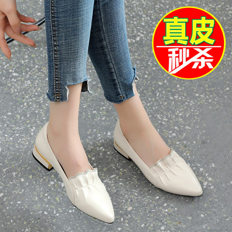 真皮低跟粗跟女士单鞋2025年春夏季新款百搭尖头浅口妈妈小皮鞋女