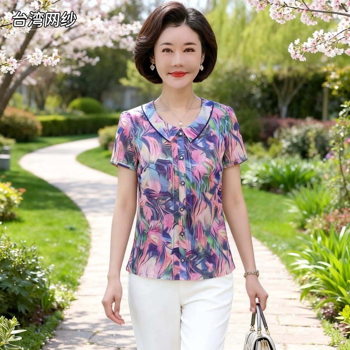 雪琳儿专柜正品新品中年女夏装台湾纱短袖T恤时尚气质妈妈小衬衫