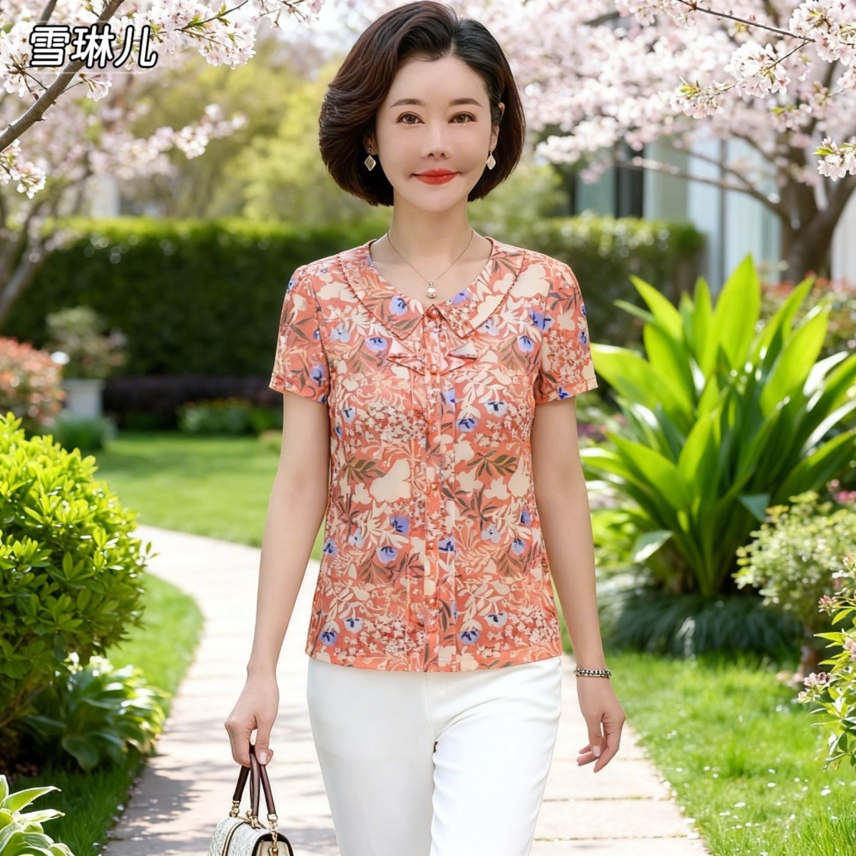 雪琳儿专柜正品新品中年女夏装台湾纱短袖T恤时尚气质妈妈小衬衫