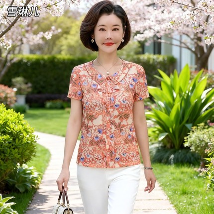 雪琳儿专柜正品新品中年女夏装台湾纱短袖T恤时尚气质妈妈小衬衫