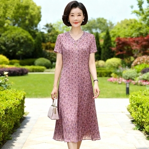 高品质专柜正品高贵洋气中年女夏装台湾纱短袖连衣裙时尚气质妈妈