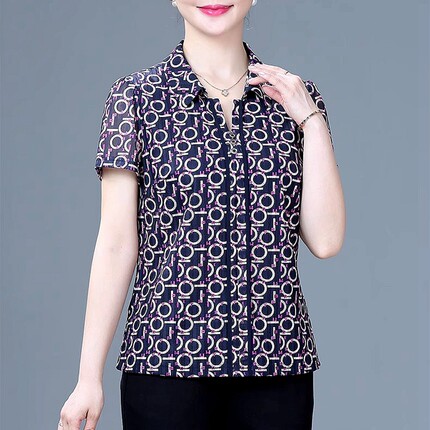 锦依罗专柜正品新品中年女夏装台湾纱短袖T恤时尚气质妈妈小衬衫