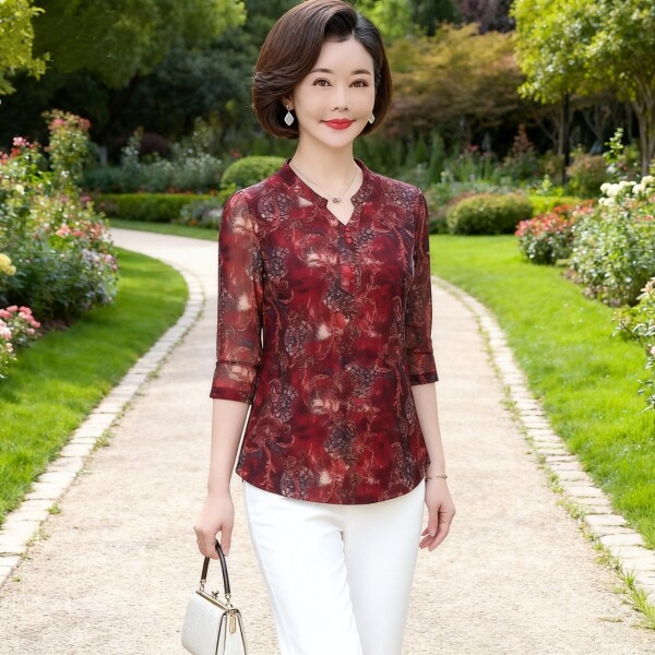 凯斯曼印花台湾纱T恤中年女装时尚减龄上衣中老年春夏装小衫薄款