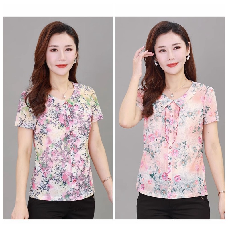 雪琳儿专柜正品洋气中年女夏装台湾纱短袖T恤时尚气质妈妈装小衫