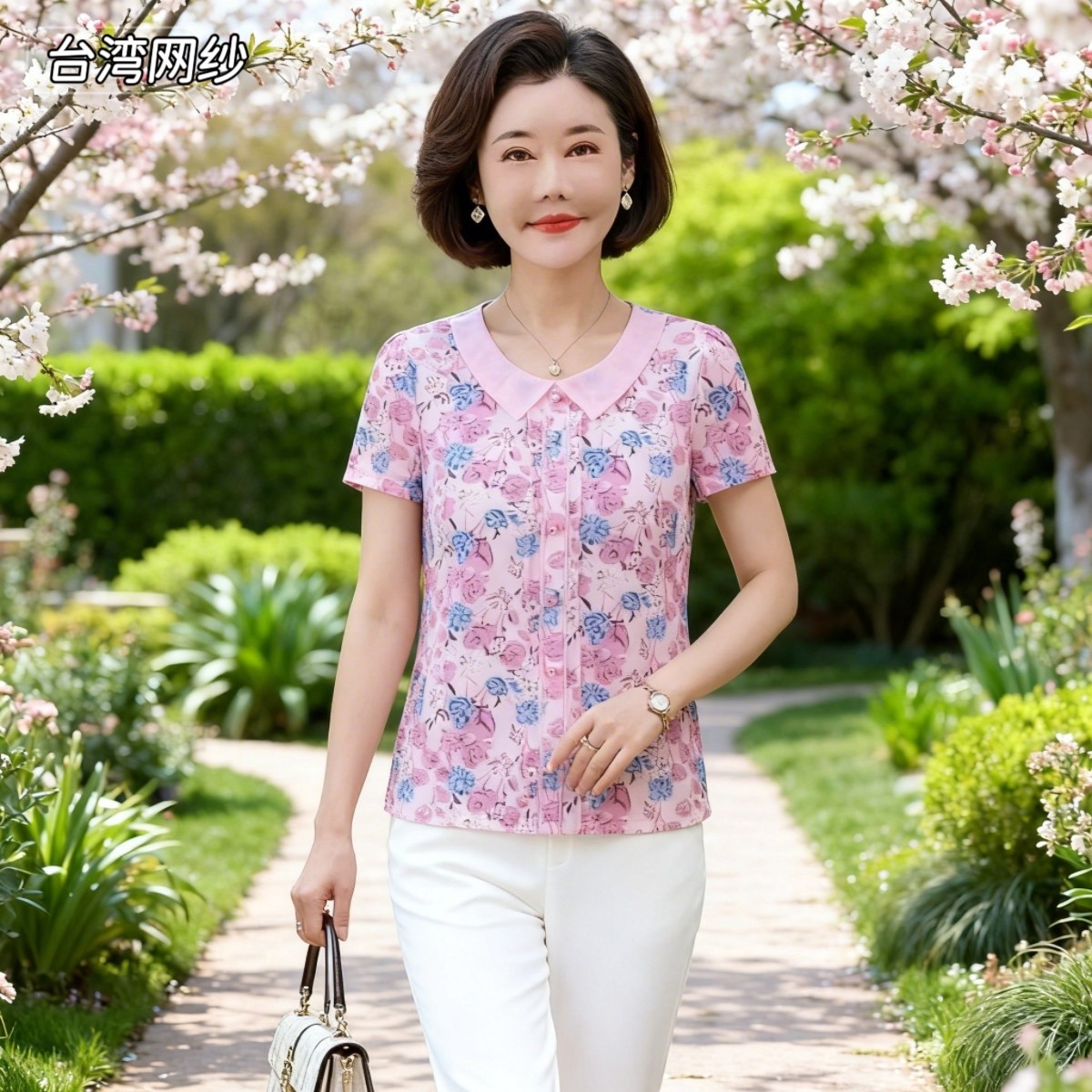 雪琳儿专柜正品新品中年女夏装台湾纱短袖T恤时尚气质妈妈小衬衫