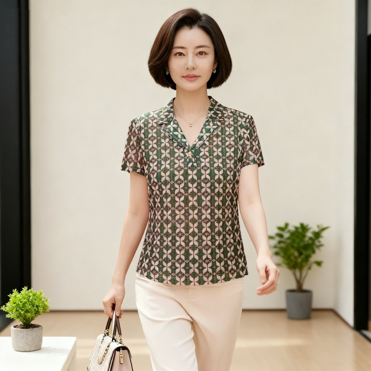 锦依罗专柜正品新品中年女夏装台湾纱短袖T恤时尚气质妈妈小衬衫