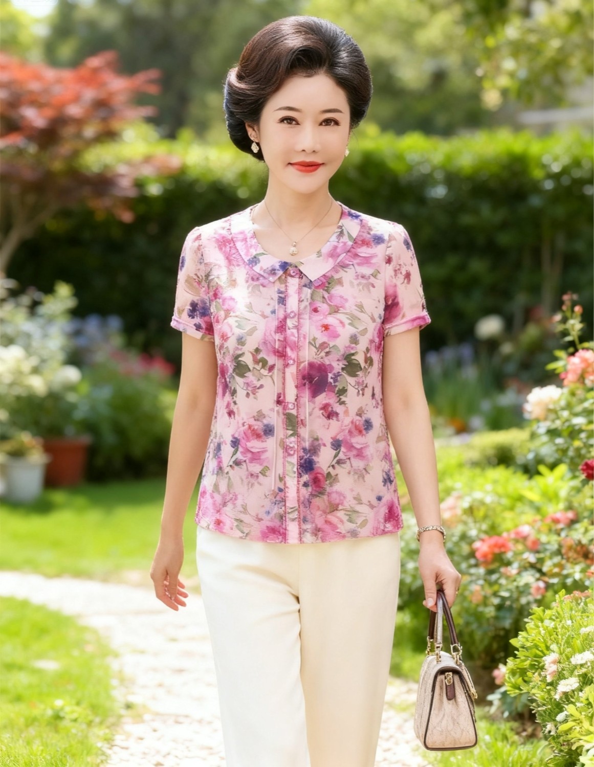 雪琳儿专柜正品新品中年女夏装台湾纱短袖T恤时尚气质妈妈小衬衫