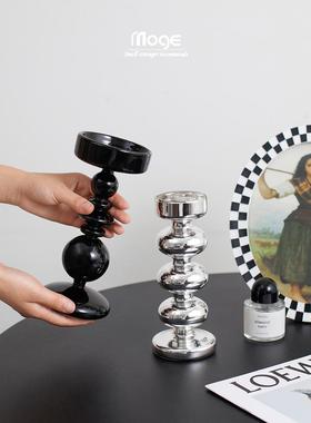 陌歌ins法式玻璃烛台北欧圣诞轻奢简约居家黑色银色覆古装饰摆件