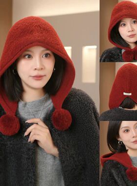 25秋冬/温暖圈圈羊毛100％wool毛球巴拉克法帽女显脸小保暖针织帽