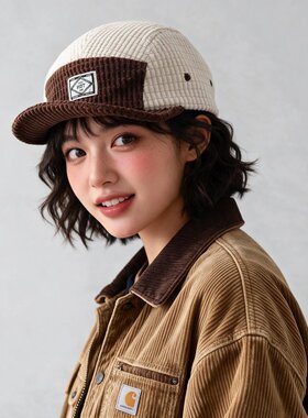 秋冬拼色华夫格鸭舌帽灯芯绒棒球帽女复古工装帽户外休闲百搭男女