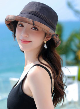 2025新款香云纱帽子女夏季双面防晒遮阳帽重磅桑蚕丝龟纹布老料
