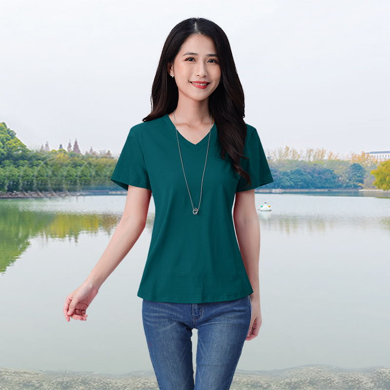 桃心V领纯棉宽松短袖T恤女显瘦藏肚打底衫拼接绣花饰春夏百搭上衣