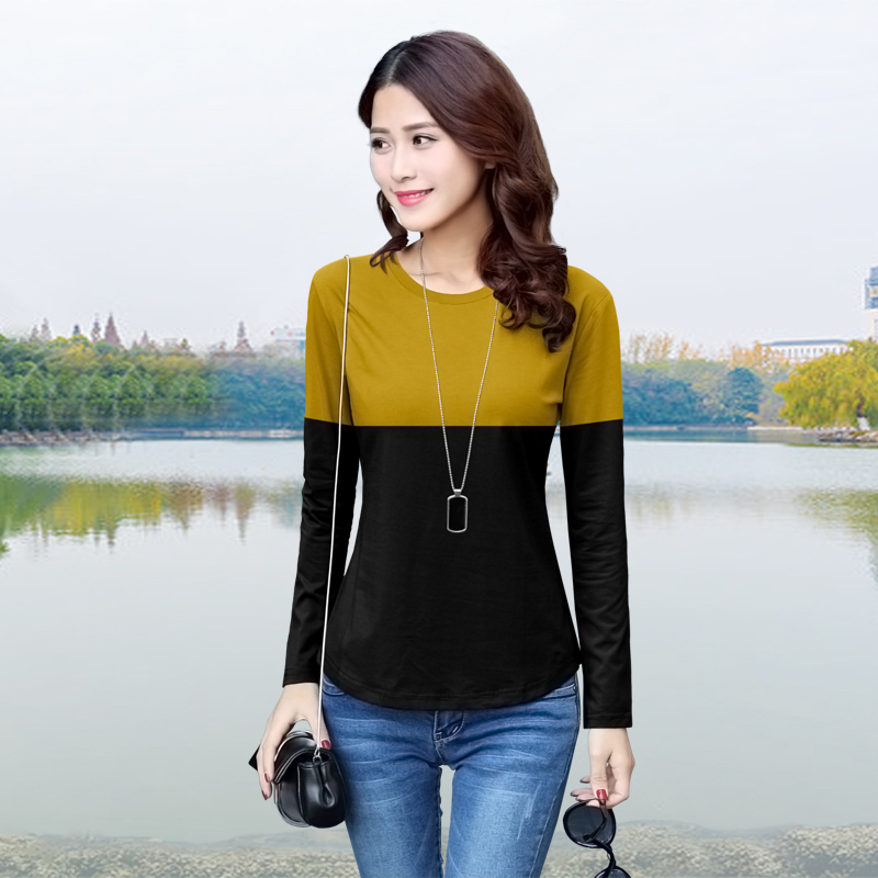 气质拼色收腰韩版显瘦长袖T恤