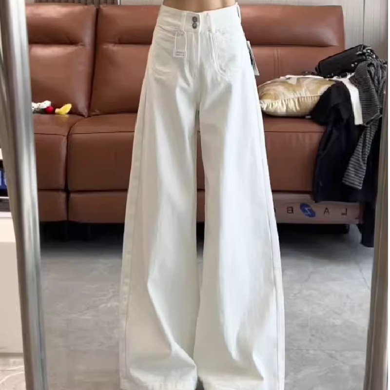 白色阔腿牛仔裤女2025夏季新款高腰宽松高级垂感小个子直筒拖地裤