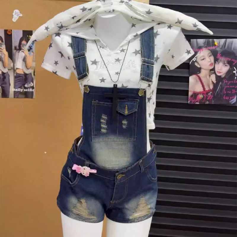 美式复古破洞牛仔背带短裤女夏季2025设计感显瘦直筒辣妹裤子百搭