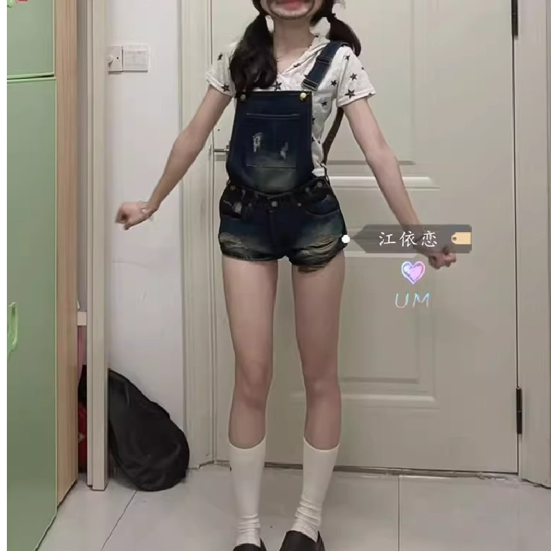 新款复古夏季美式辣妹水洗破洞牛仔裤女韩版新款背带连体短裤