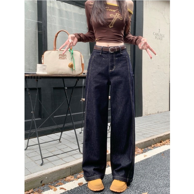 大码复古美式牛仔裤女秋季新款胖mm宽松高腰显瘦直筒阔腿拖地裤子