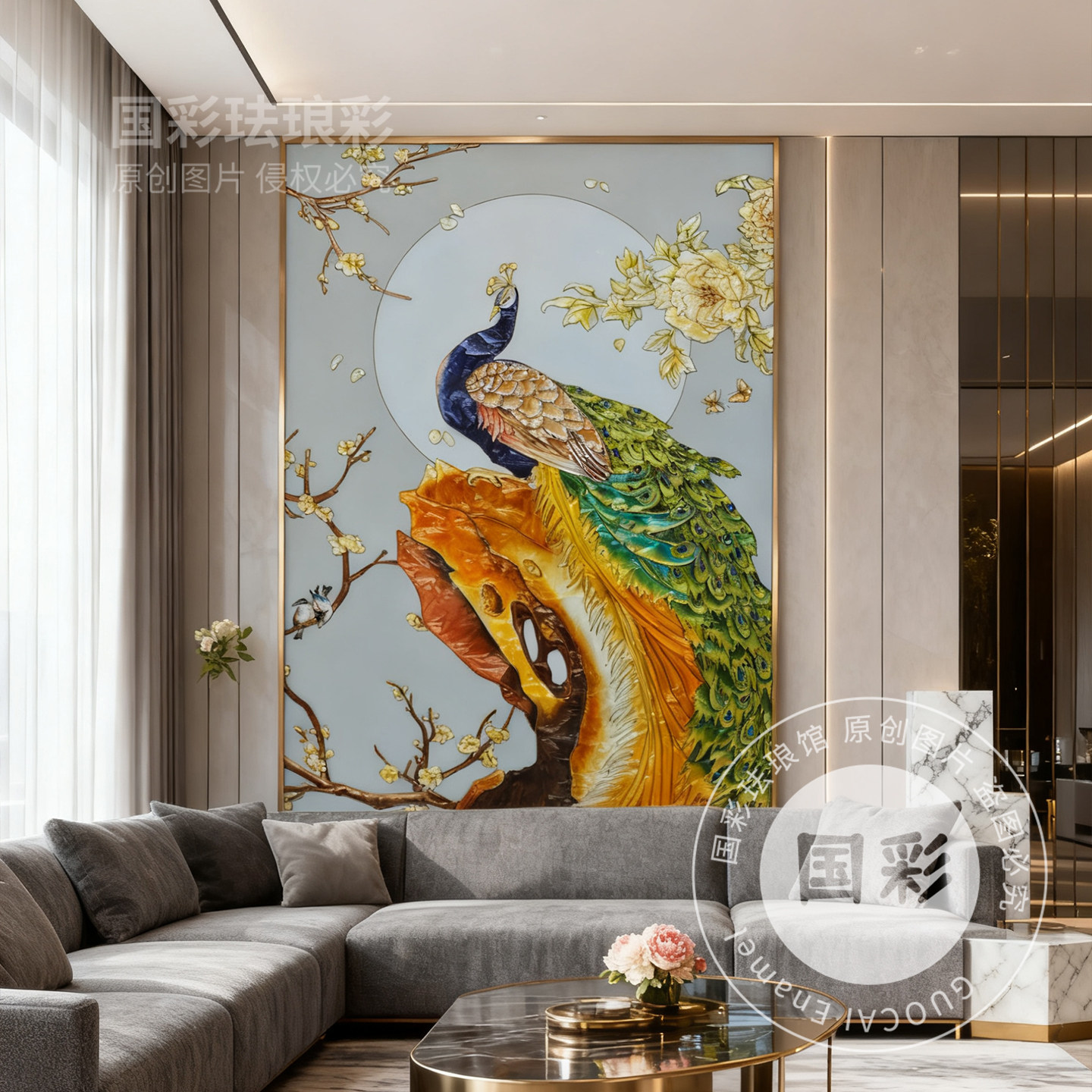 纯手绘珐琅彩画孔雀牡丹花客厅玄关装饰画新中式轻奢高档走廊挂画,家居饰品,珐琅彩画,淘宝优惠券,粉丝福利购,淘宝优惠卷