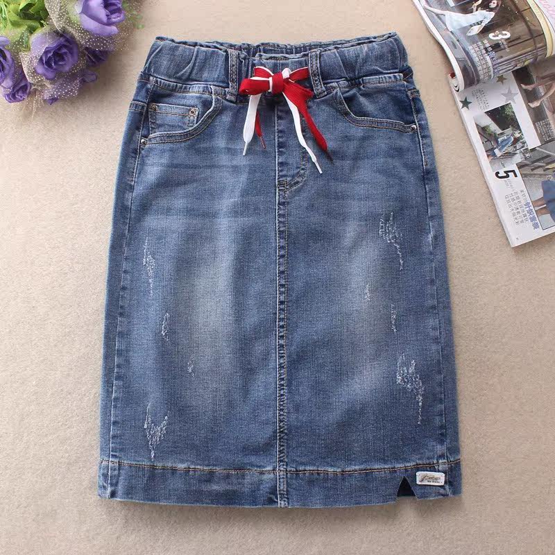 牛仔半身裙女秋冬松紧腰系绳2019韩版裙子高腰弹力修身包臀短裙|ruв категории Женская одежда, юбка - от Buy2taobao.com для оказания профессиональной услуги покупки агента Taobao