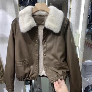 欧货加绒皮衣外套女pu皮加厚夹克2026秋冬款小个子大毛领短款上衣