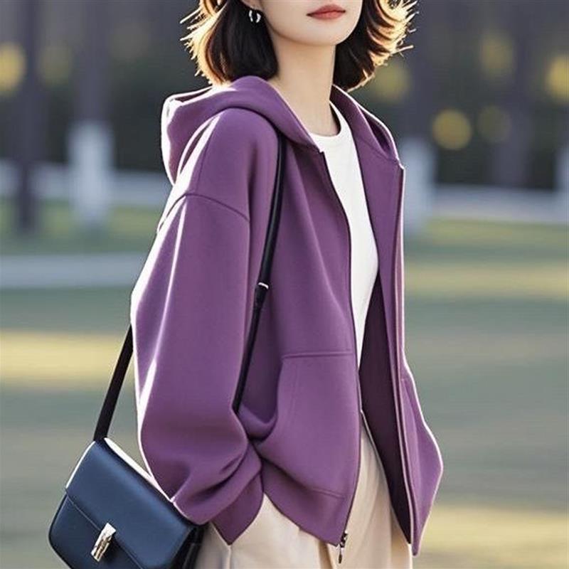 连帽开衫卫衣短外套女士春秋薄款2026新款早春季宽松加绒夹克上衣图片