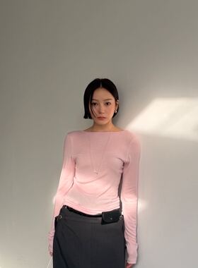 WAITMORE天丝羊毛混纺U领长袖T恤女早春百搭修身显瘦打底衫上衣