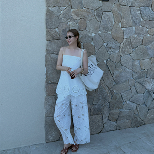 WIDELIA重工蕾丝镂空宽松A字吊带上衣+直筒阔腿休闲裤套装女7510