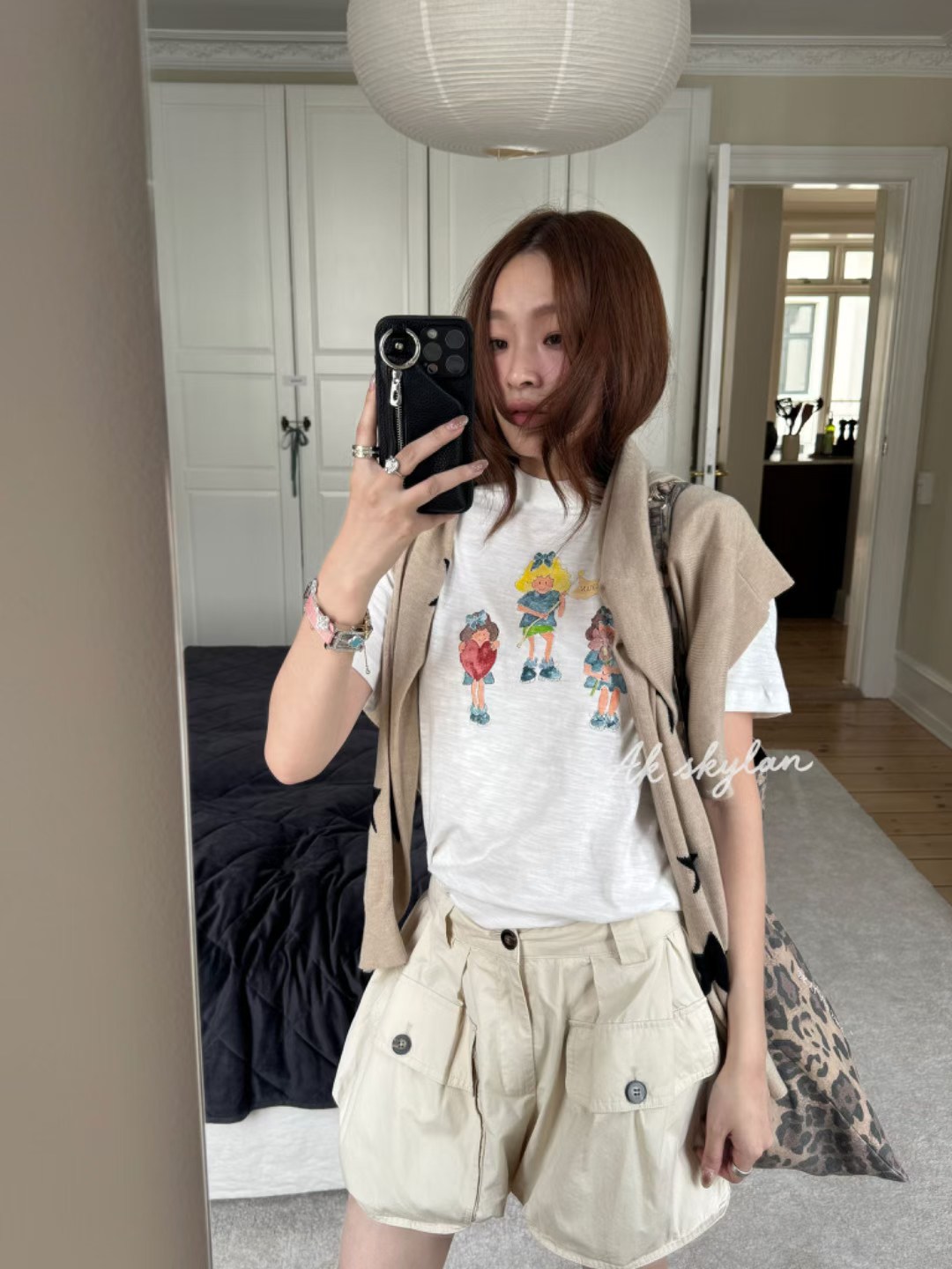 XSKYLANX2026秋季新款韩系立领卡通印花短袖T恤女宽松百搭上衣图片