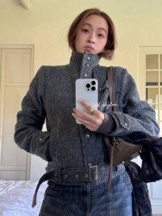 AKskylan2026秋冬新款小众羊毛竖纹圈圈短款外套女休闲夹克上衣