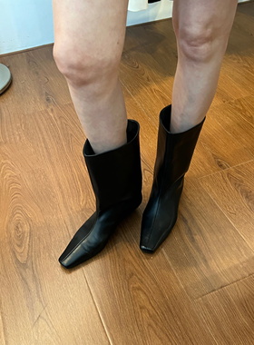 widelia老钱风方头宽筒短靴女秋冬百搭黑色瘦腿低跟中筒靴瘦瘦靴