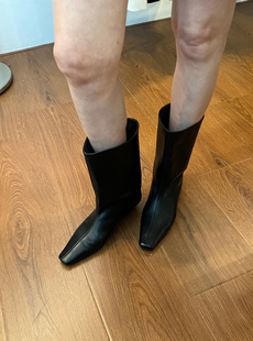 widelia老钱风方头宽筒短靴女秋冬百搭黑色瘦腿低跟中筒靴瘦瘦靴