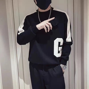 2023男士新款长袖T恤男小衫时尚潮流拼接上衣圆领男款刺绣卫衣男
