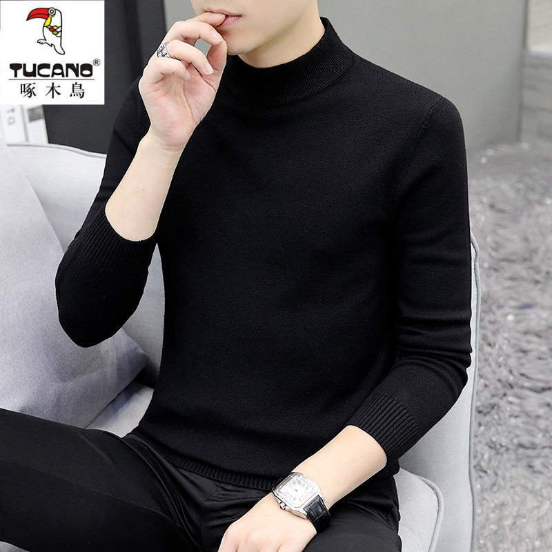 啄木鸟半高领毛衣男士秋冬季修身针织保暖打底衫男装纯色毛线上衣