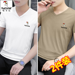 啄木鸟夏季莫代尔冰丝V领短袖t恤男士潮流上衣服速干凉感大码半袖